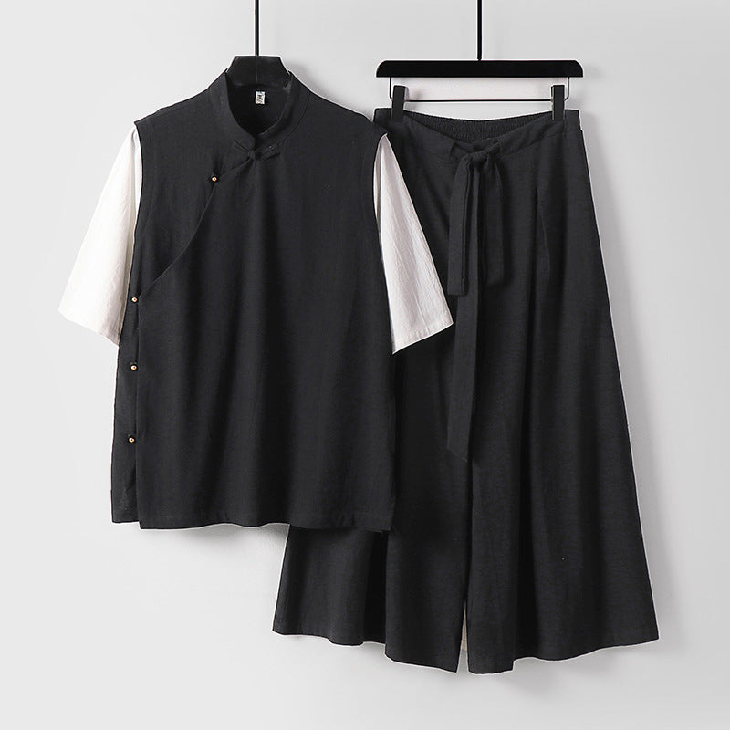 Damen Zweiteiliges Kimono-Loungewear-Set aus Leinenmischung mit Stehkragen asymmetrischer Knopfleiste und weitem Palazzo-Hosenrock Echoarchiv