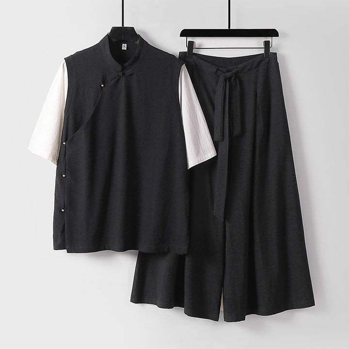 Damen Zweiteiliges Kimono-Loungewear-Set aus Leinenmischung mit Stehkragen asymmetrischer Knopfleiste und weitem Palazzo-Hosenrock Echoarchiv