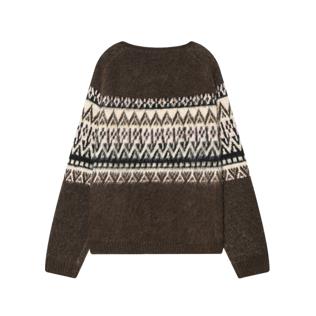 Damen Norwegerpullover aus Mohairmix mit Rundhalsausschnitt, lockerem Schnitt und Jacquardmuster – Mavelle