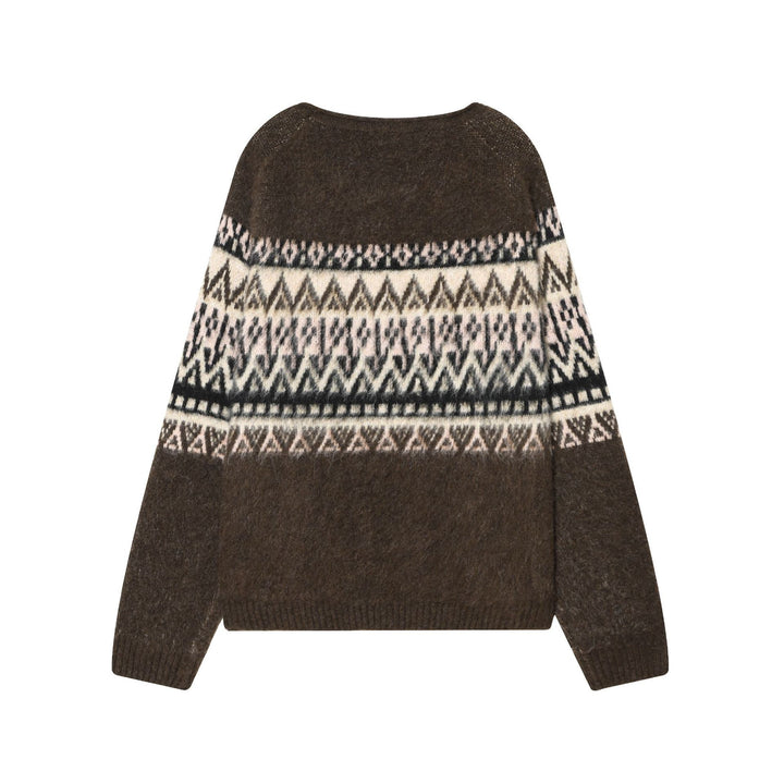 Damen Norwegerpullover aus Mohairmix mit Rundhalsausschnitt, lockerem Schnitt und Jacquardmuster – Mavelle