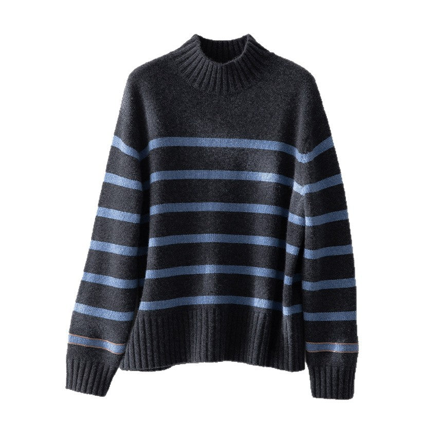 Damen Gestreifter Feinstrick-Pullover mit halbhohem Rippkragen und geripptem Saum Echoarchiv