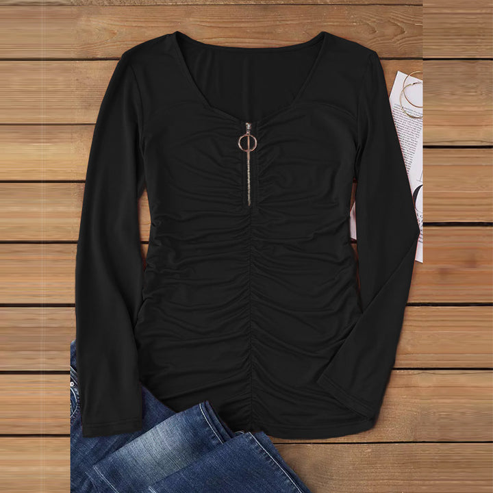 Damen Langarmshirt mit Raffung und Zier-Reißverschluss – Avérine