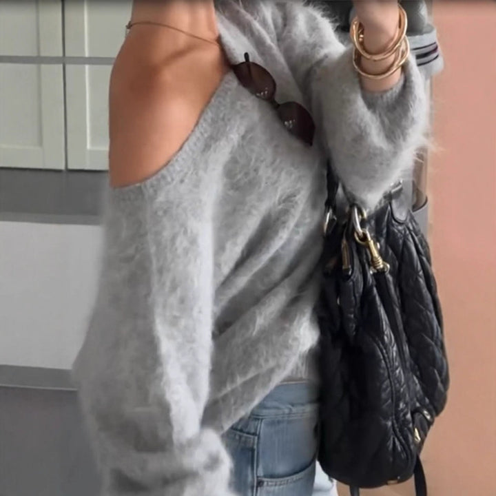 Damen Oversize Mohair-Blend Off-Shoulder Pullover mit Ballonärmeln Echoarchiv
