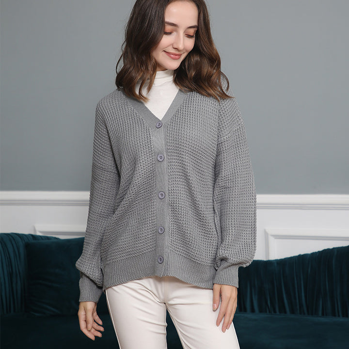 Damen Waffelstruktur-Cardigan mit tiefem V-Ausschnitt und kastigem Oversize-Schnitt Echo Archiv