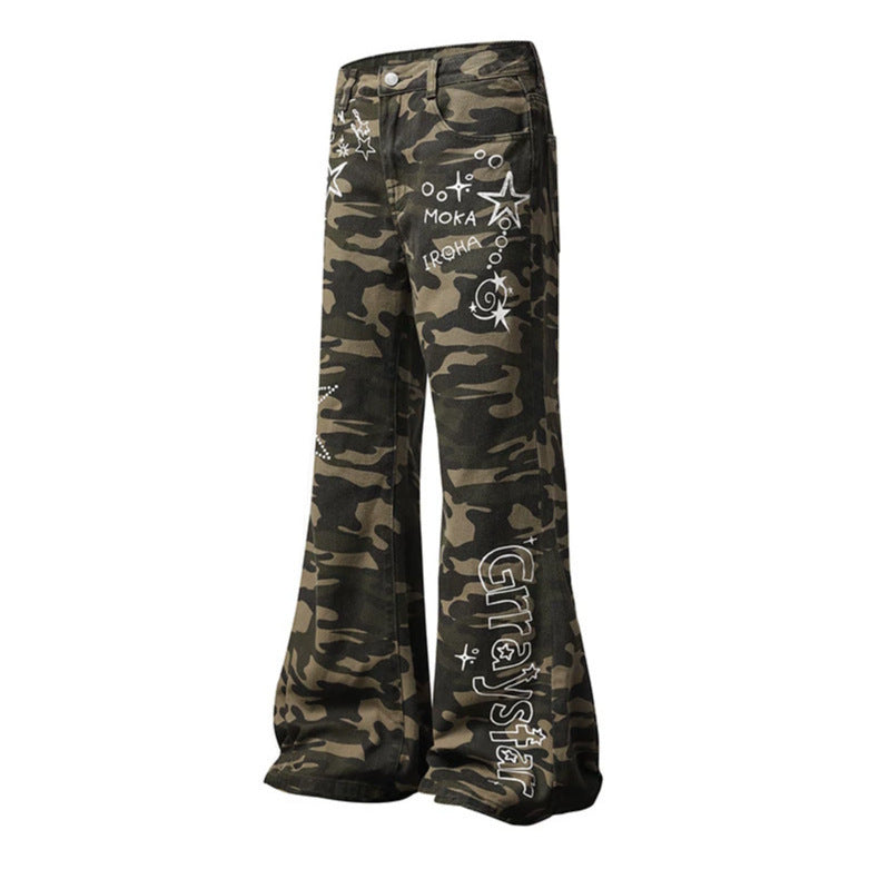 Damen Weite High‑Waist Palazzo‑Jeans im Camouflage‑Print mit Stern‑ und Schriftapplikationen, Schlaghose Echoarchiv