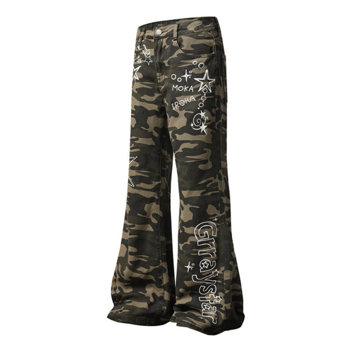 Damen Weite High‑Waist Palazzo‑Jeans im Camouflage‑Print mit Stern‑ und Schriftapplikationen, Schlaghose Echoarchiv