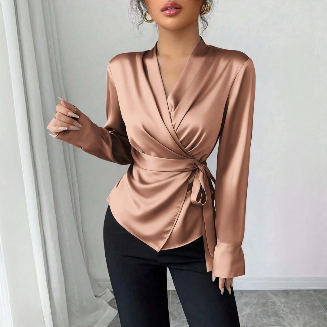 Damen Satin-Wickelbluse mit V-Ausschnitt, Taillengürtel und schmalem Manschettenärmel Echoarchiv