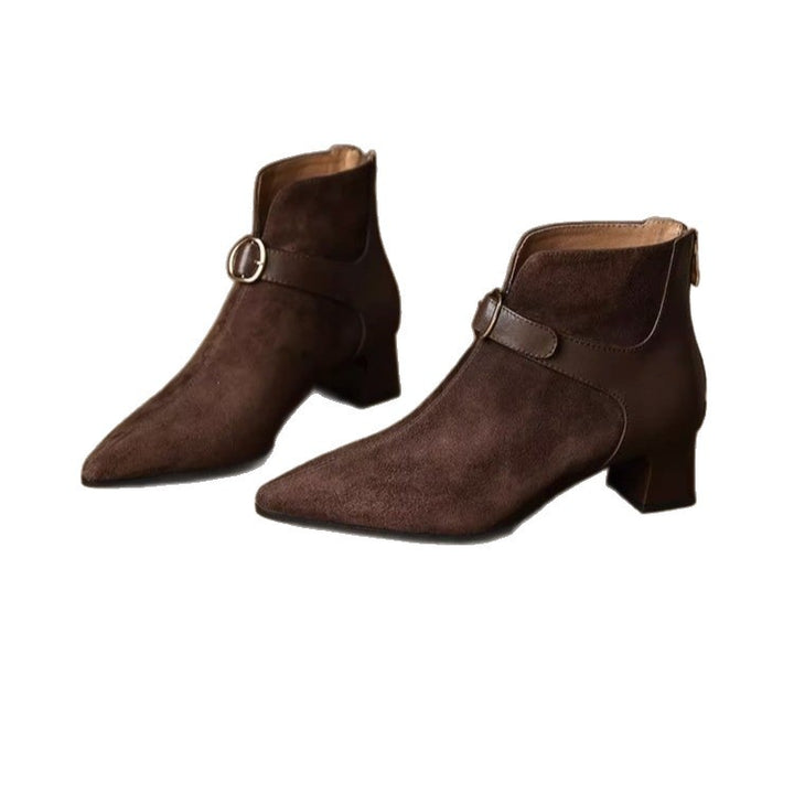 Damen elegante spitze Velours-Ankle-Boots mit mittelhohem Blockabsatz und Zierspange – Varelle