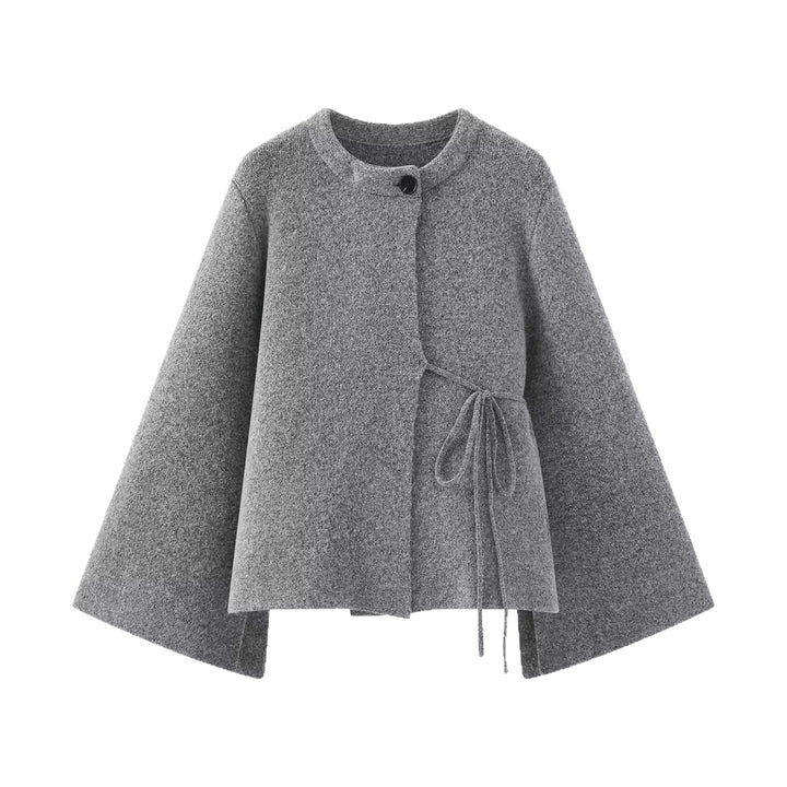 Damen Kurzes Wollmix‑Cape mit Rundhals, Tunnelzug‑Taillierung und Trompetenärmeln Echoarchiv