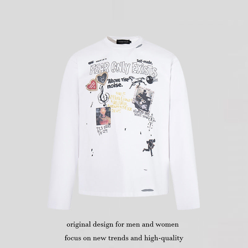 Herren Langarmshirt mit Print-Collage, Distressed‑Details und Relaxed‑Fit Echoarchiv