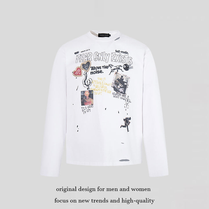 Herren Langarmshirt mit Print-Collage, Distressed‑Details und Relaxed‑Fit Echoarchiv