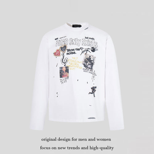 Herren Langarmshirt mit Print-Collage, Distressed‑Details und Relaxed‑Fit Echoarchiv
