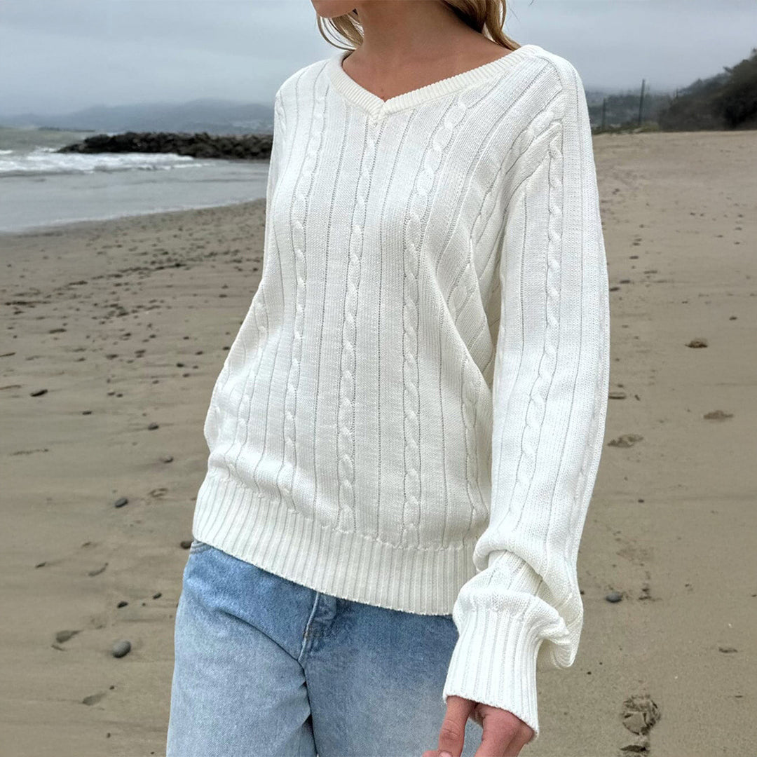 Damen feiner Strukturstrick-Pullover mit V‑Neck, Zopfmuster und geripptem Saum – Mavelle