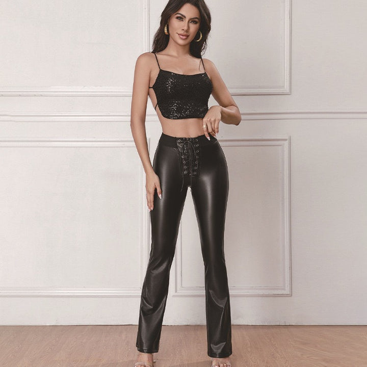 Damen Elastische High-Waist Kunstlederhose mit Schnürung Echo Archiv