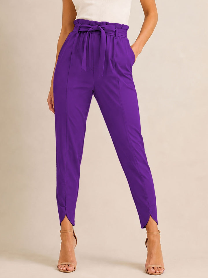 Damen nan hoch taillierte Paperbag-Hose mit Bindegürtel und geschlitztem Knöchelabschluss Echo Archiv