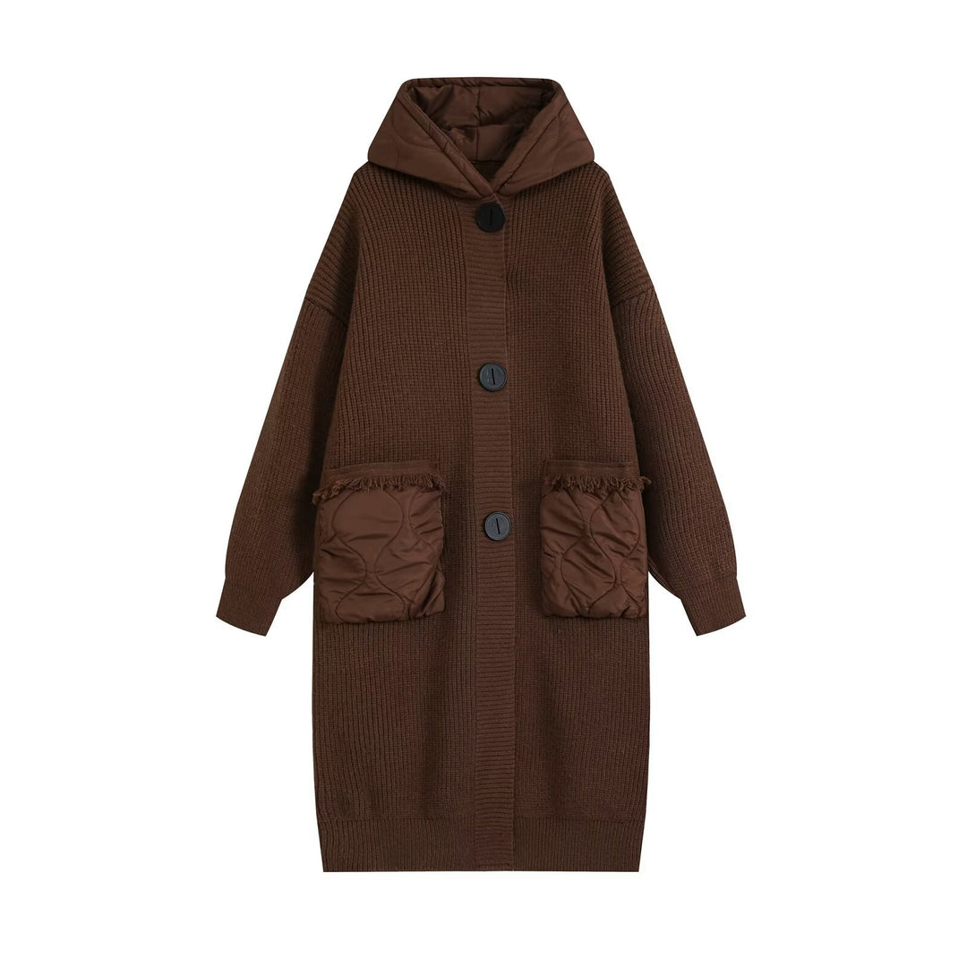 Damen Longline Grobstrickmantel mit gesteppter Kapuze und übergroßen Fronttaschen Echo Archiv