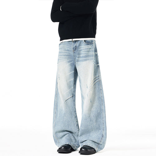 Herren Ultraweite Denim-Palazzohose mit skulpturalen Seitenbahnen und Used‑Effekt Echo Archiv