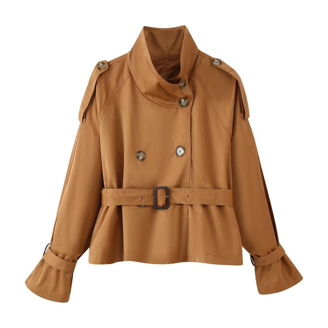 Damen Kurz geschnittener Doppelreiher-Trench mit weitem Schalkragen, taillierendem Gürtel und verstellbaren Ärmelriemen Echo Archiv