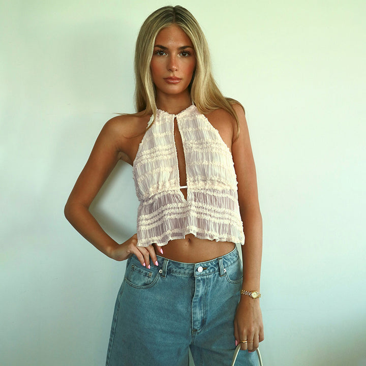 Damen Halter-Top mit tiefem Ausschnitt und Rüschendetails Echo Archiv