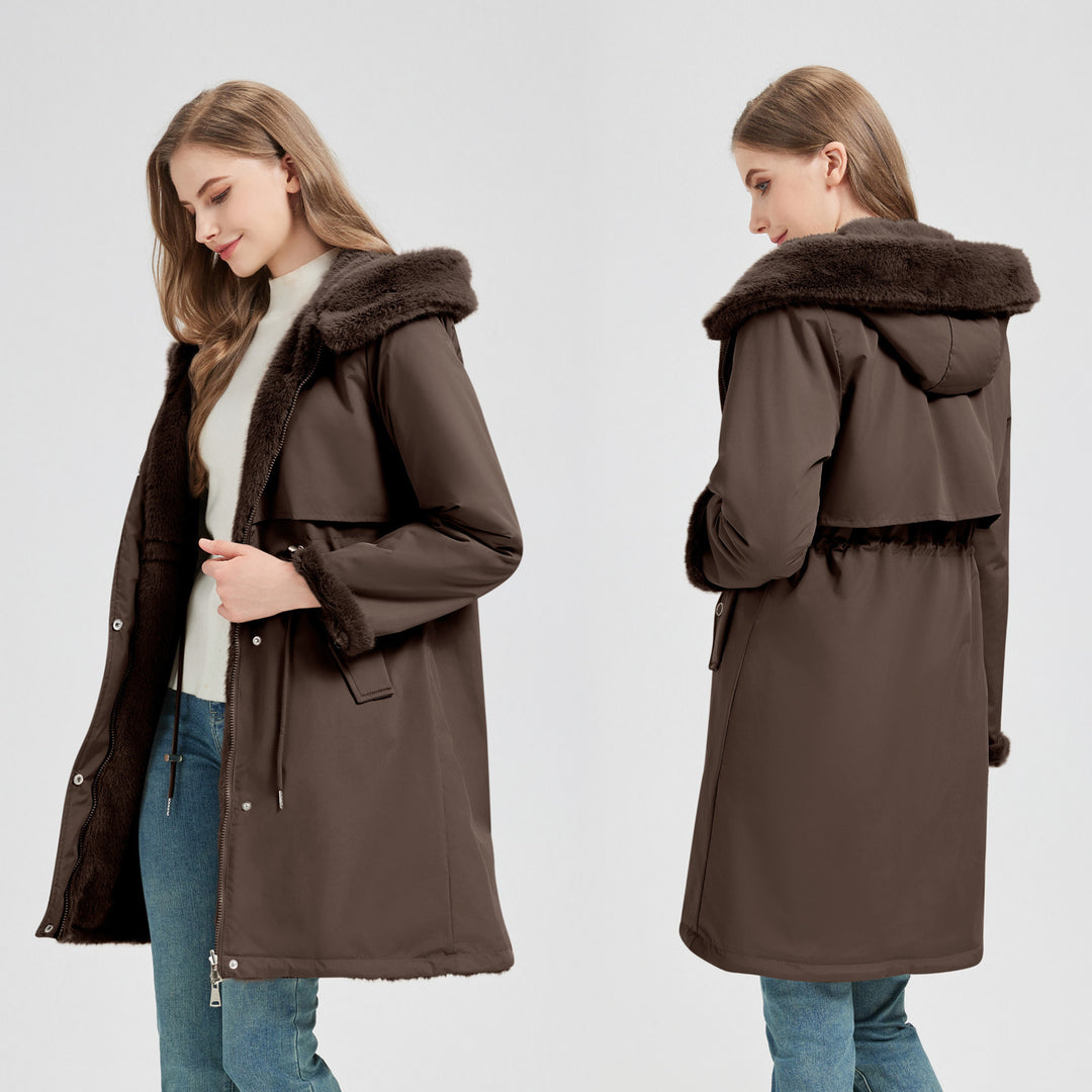 Damen langer Parka mit abnehmbarer Kunstfellkapuze und taillenverstellendem Kordelzug – Montévia