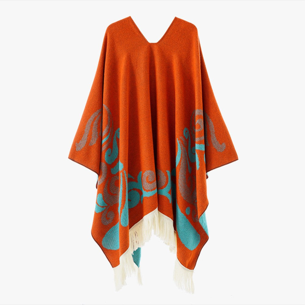 Damen Ornamentaler Jacquard‑Poncho mit V‑Ausschnitt und Fransensaum Echo Archiv
