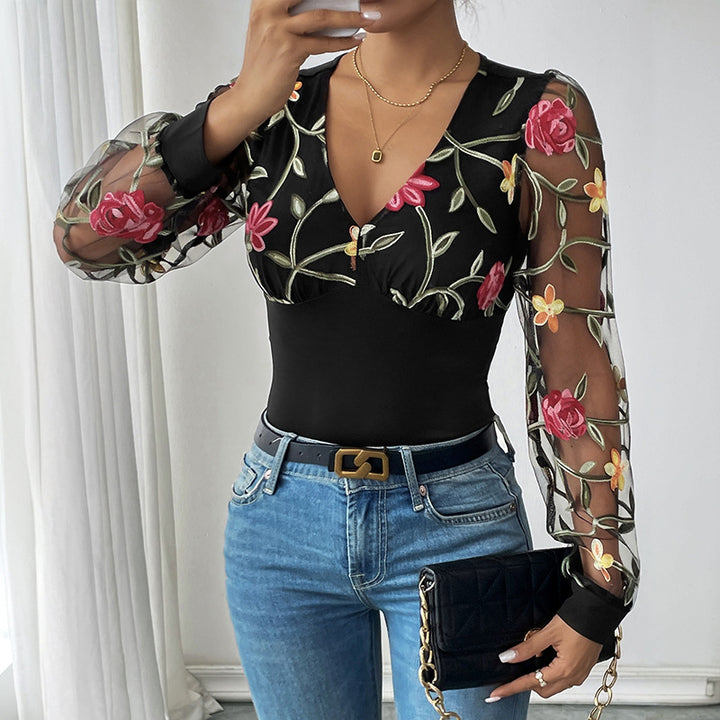 Damen Bestickter Mesh-Body mit V-Ausschnitt, figurformendem Rumpf und transparenten Blumenärmeln – Bodéline