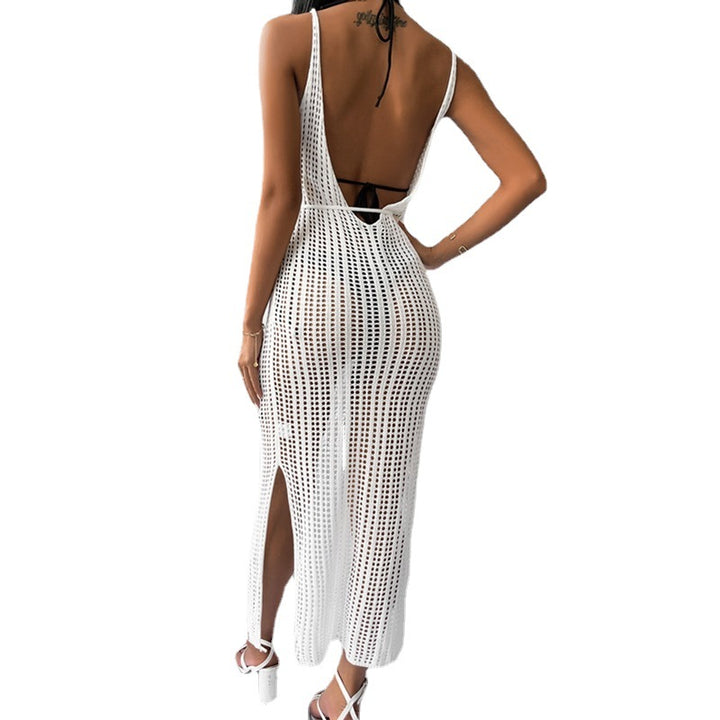 Damen gehäkeltes Maxikleid mit tiefem V-Ausschnitt und seitlichem Schlitz Echo Archiv