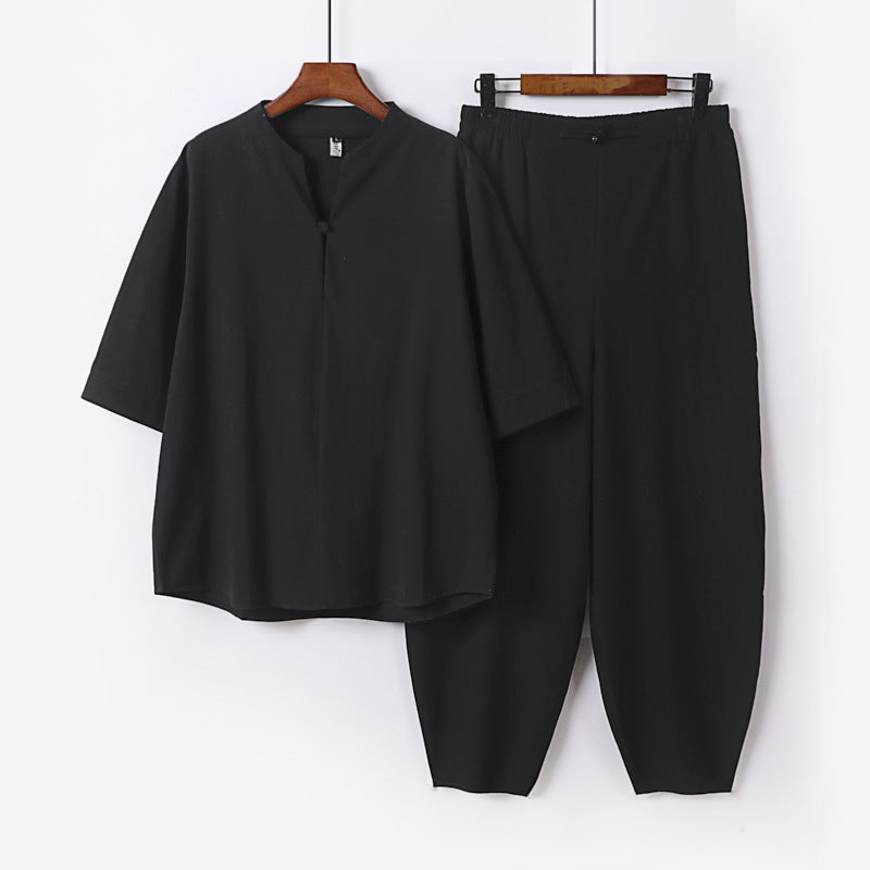Herren Zweiteiliges Leichtes Leinen-Baumwoll-Set mit Mandarin-Kragen und elastischer Bundhose Echoarchiv