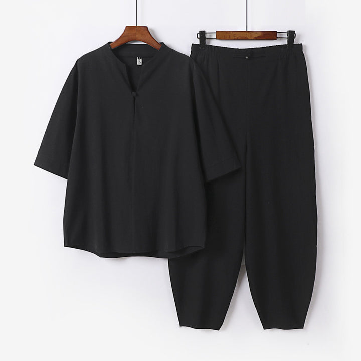 Herren Zweiteiliges Leichtes Leinen-Baumwoll-Set mit Mandarin-Kragen und elastischer Bundhose Echoarchiv