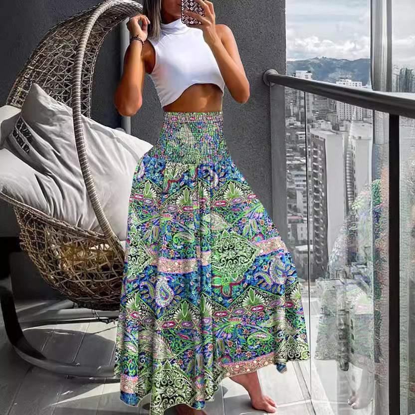 Damen Maxirock mit hohem Smockbund und weitem Boho-Print – Rosévia