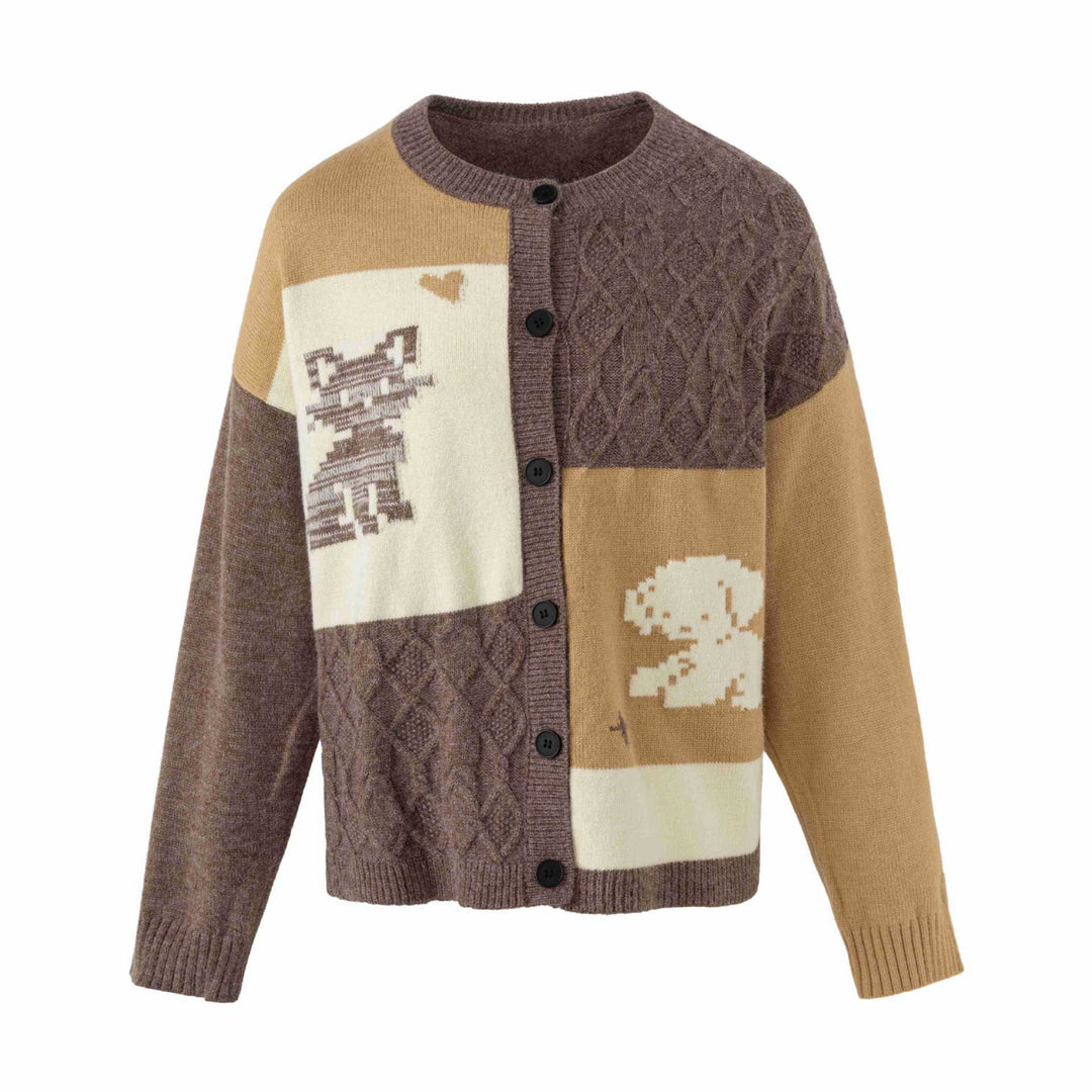 Damen Strickcardigan im Patchwork‑Look mit Zopfmuster und Rundhalsausschnitt Echoarchiv