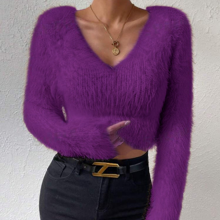 Damen Flauschiger Crop-Pullover mit V-Ausschnitt und Eyelash-Struktur – Mavelle