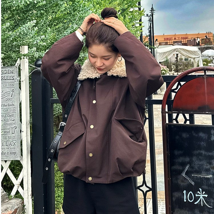 Damen Kurze Oversize-Boxy-Jacke mit Teddykragen und Druckknopfverschluss Echoarchiv