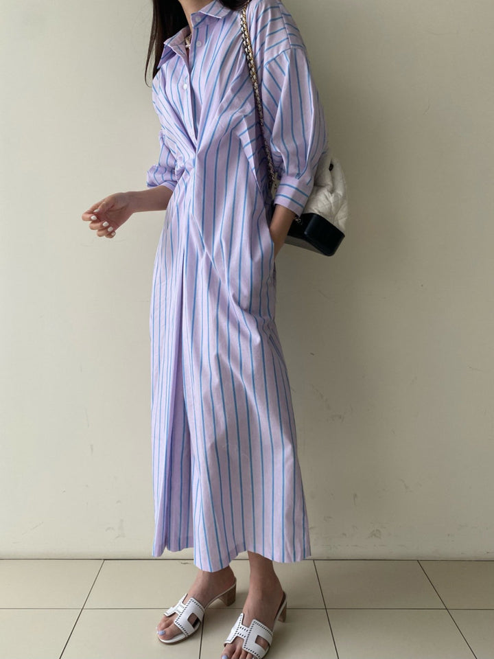Damen Gestreiftes Hemdblusenkleid Maxi mit verdeckter Knopfleiste und Seitentaschen Echoarchiv