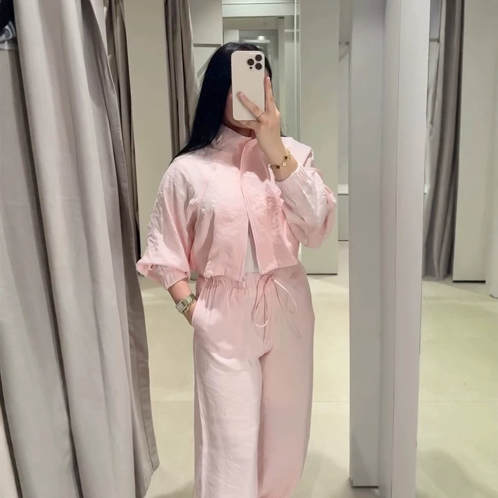 Damen Lässiges Satin-Trackset mit kurzem Reißverschluss-Top & weitem Tunnelzug-Hose Echoarchiv