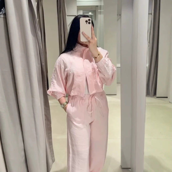Damen Lässiges Satin-Trackset mit kurzem Reißverschluss-Top & weitem Tunnelzug-Hose Echoarchiv