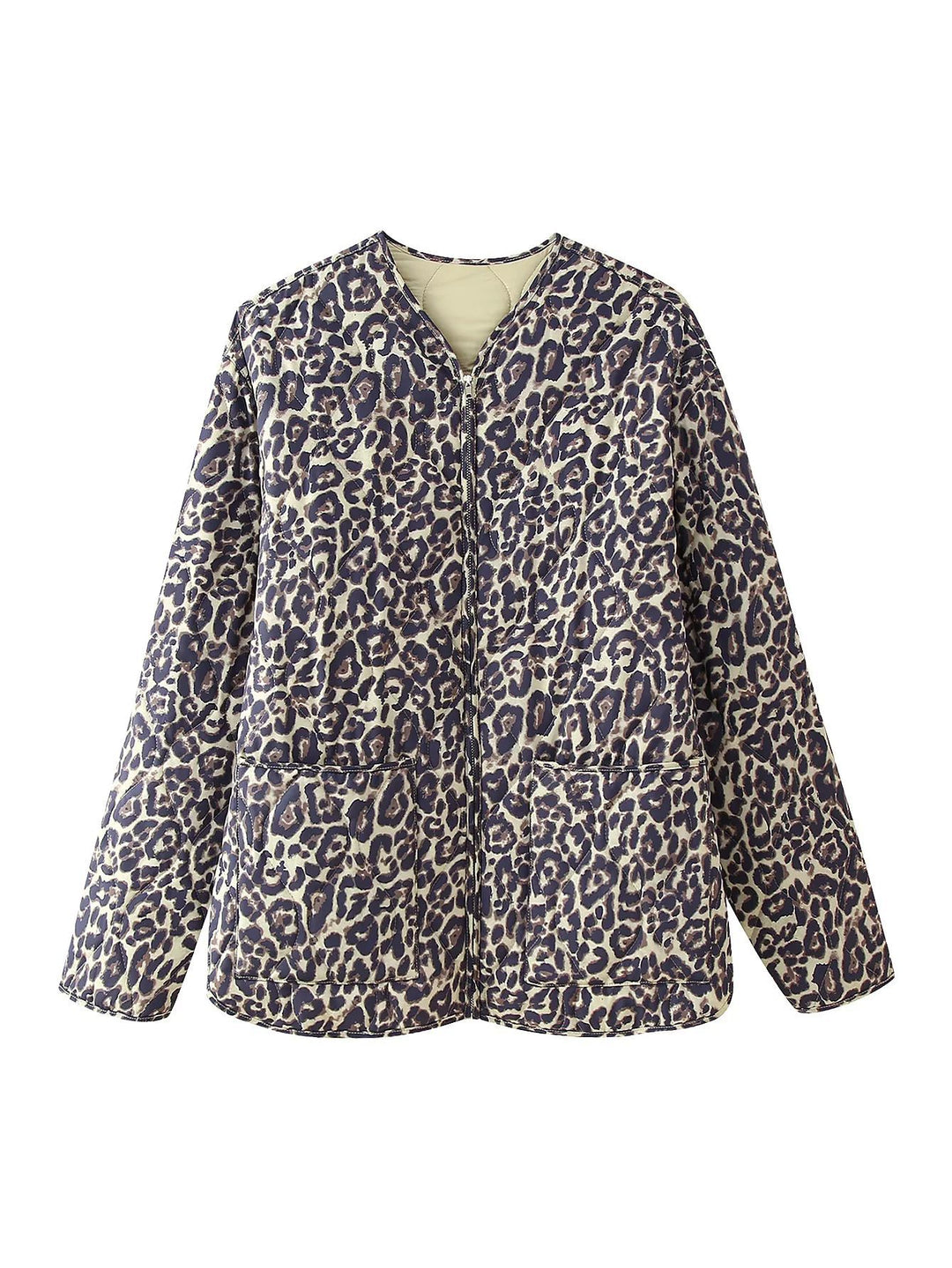 Damen gesteppte Oversize-Steppjacke mit Leo‑Alloverprint, durchgehendem Reißverschluss und aufgesetzten Taschen – Célinea