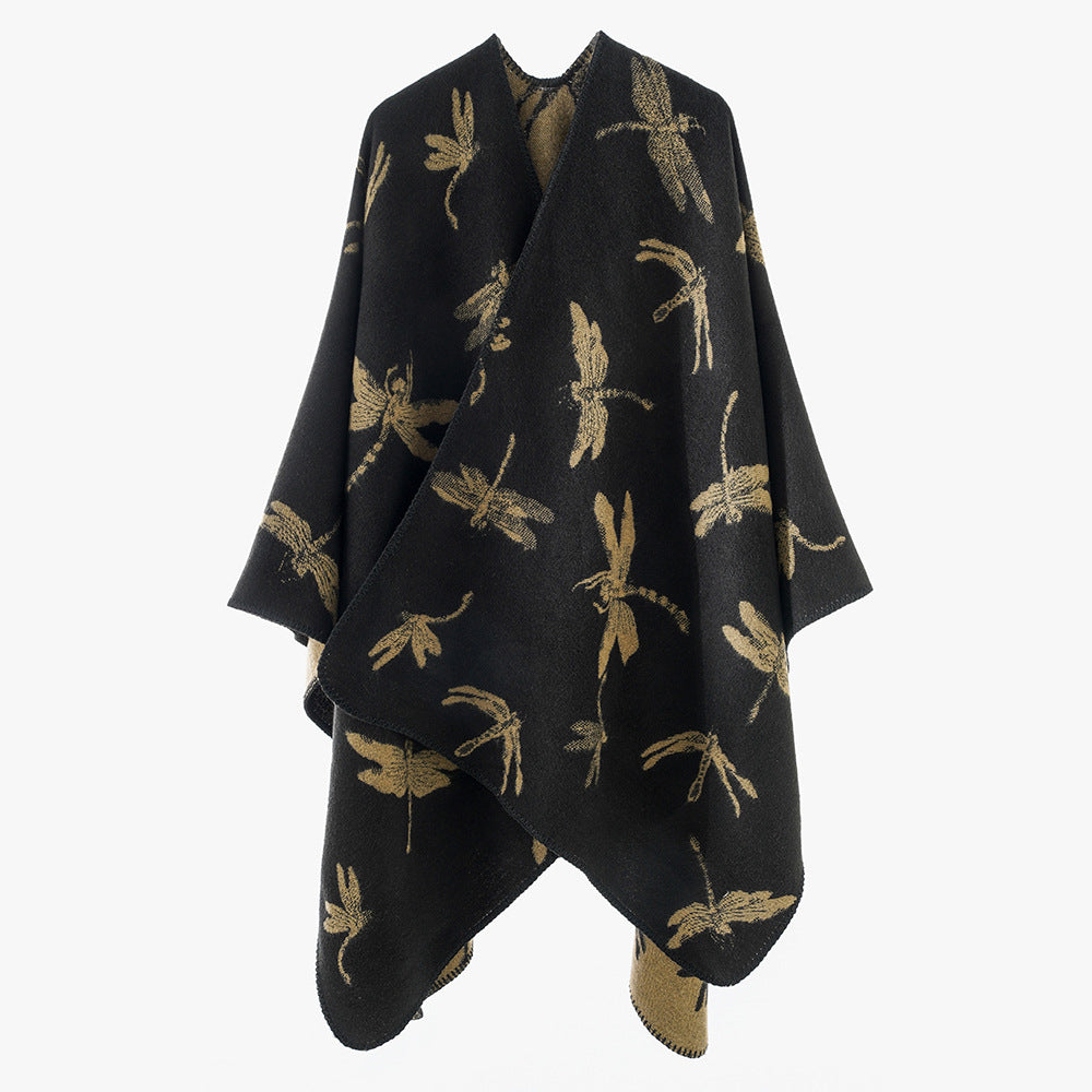 Damen Reversibler Cape-Poncho mit Libellen-Jacquard und feinem Saum – Célinea