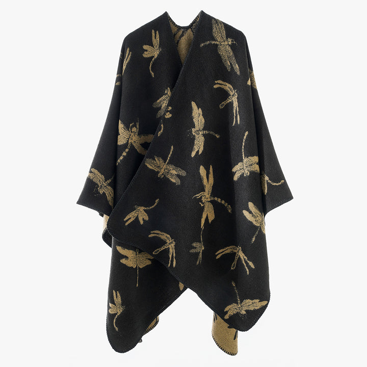 Damen Reversibler Cape-Poncho mit Libellen-Jacquard und feinem Saum – Célinea