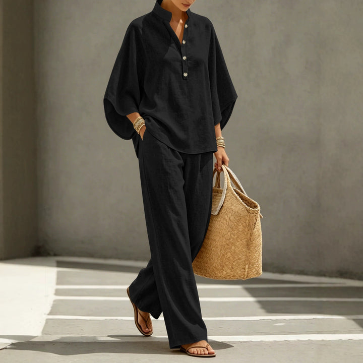 Damen Lässiges Zweiteiler‑Set mit Stehkragen‑Henleytop und weitem High‑Waist Palazzo‑Hose – Élanora