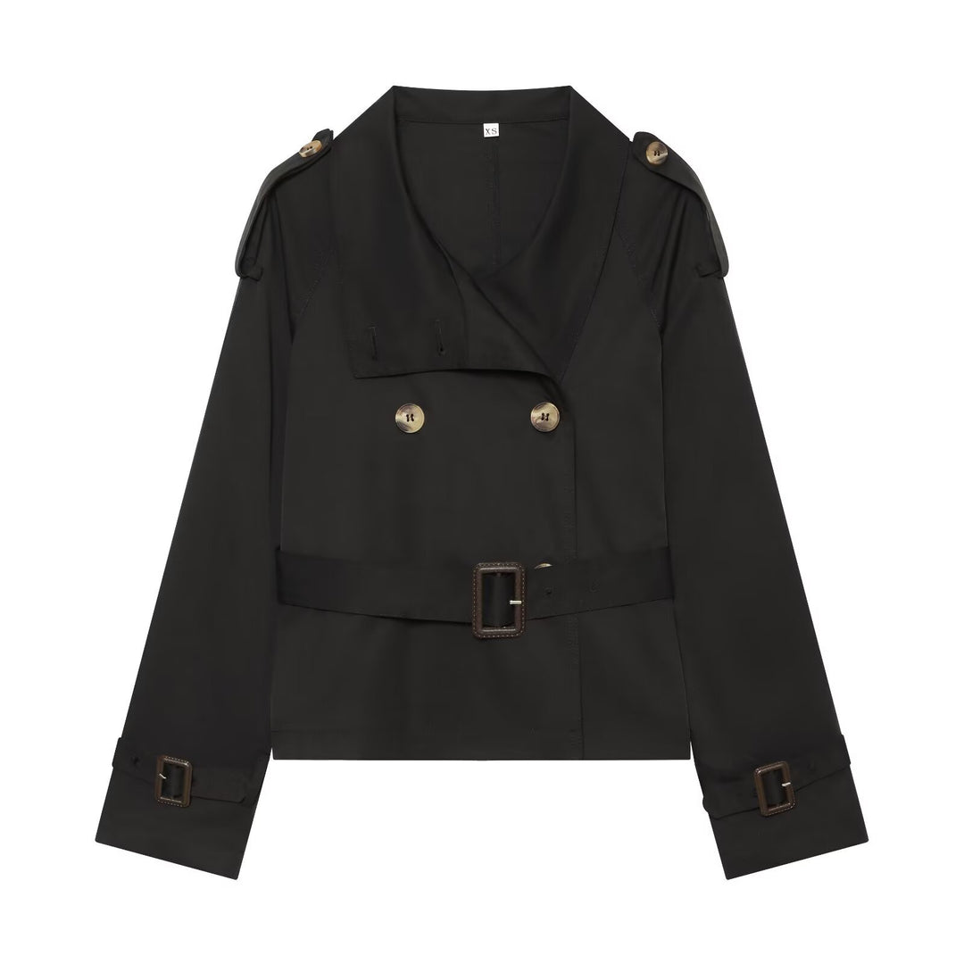 Damen Kurztrench im Boxy‑Stil mit doppelreihigem Verschluss, Schnallenärmeln und Taillengürtel Echo Archiv