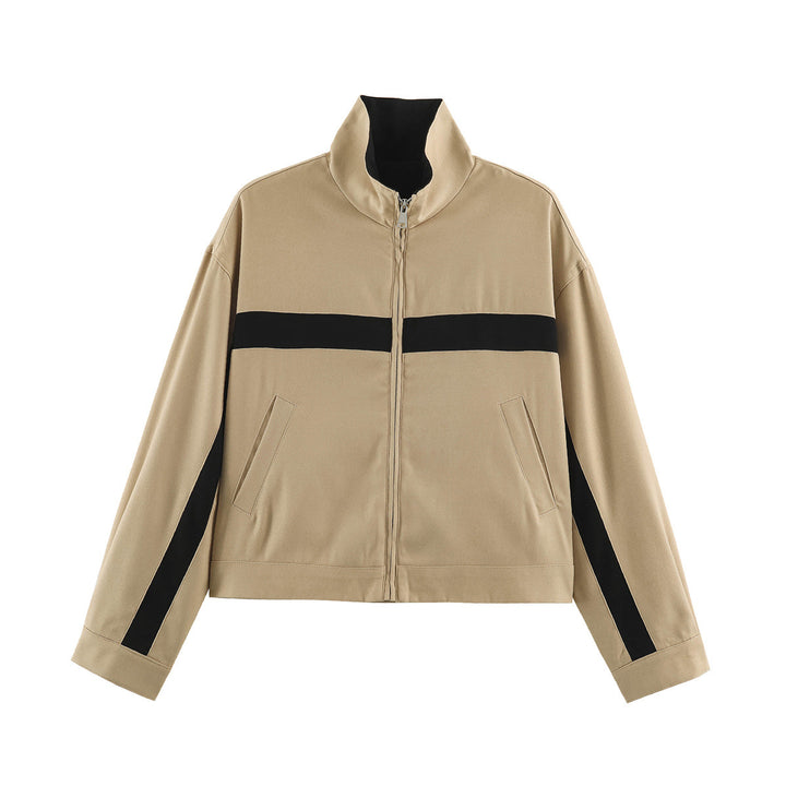Damen Boxy-Cropped-Übergangsjacke mit Stehkragen, kontraststreifen und Eingrifftaschen Echoarchiv