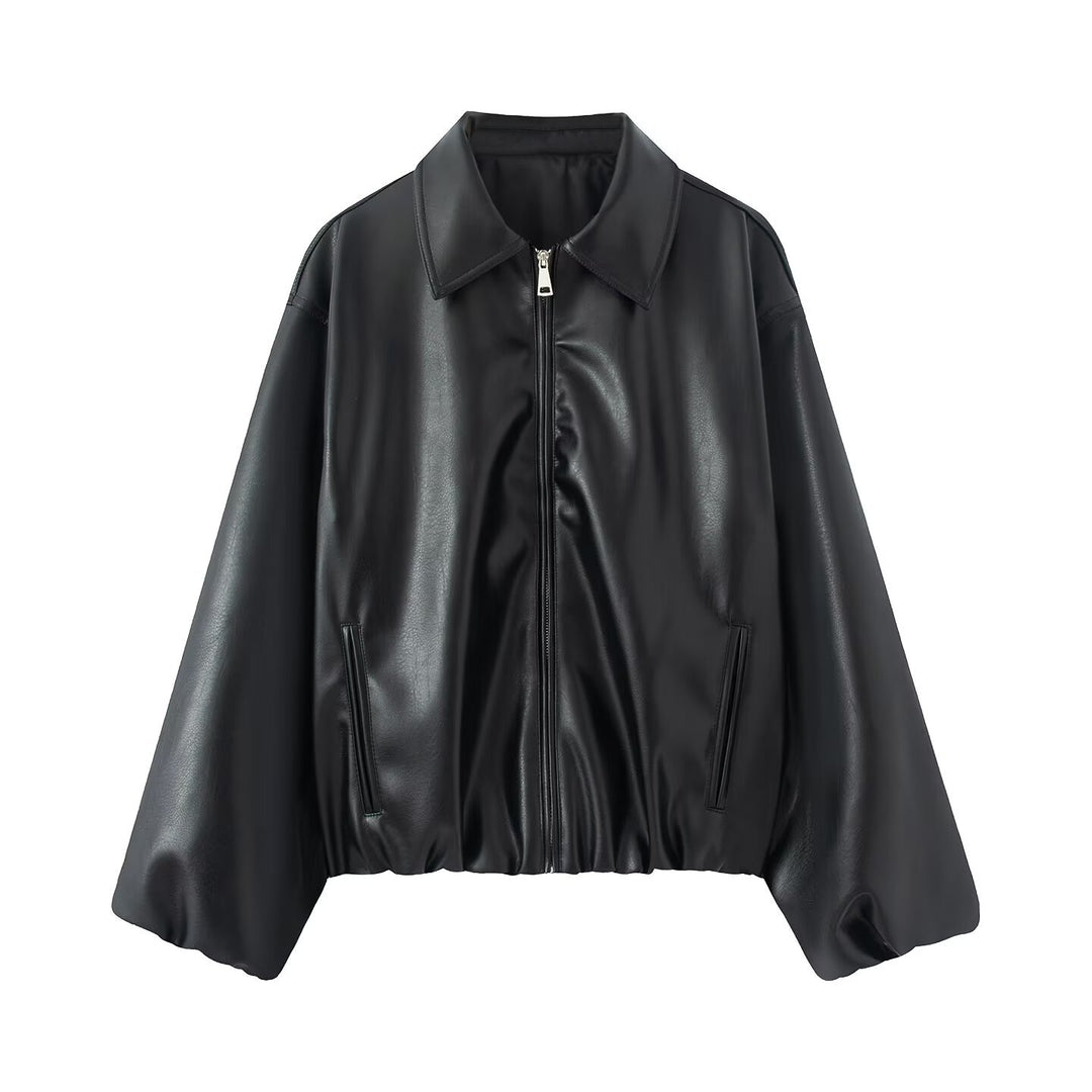 Damen Oversize Kunstleder Blouson mit Reißverschluss und elastischem Saum Echo Archiv