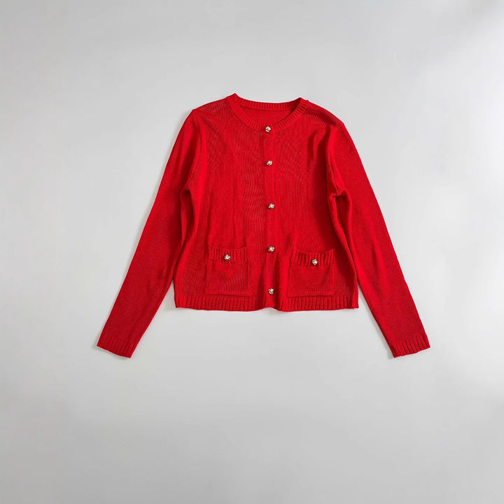 Damen Feiner Strick-Cardigan mit Zierknöpfen, Rundhalsausschnitt und aufgesetzten Taschen Echo Archiv