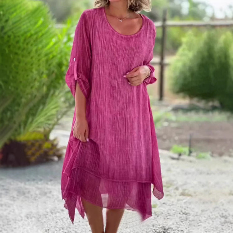 Damen nan weites Musselin-Midikleid mit rundem Halsausschnitt, krempelbaren halblangen Ärmeln und mehrlagigem Stufenrock Echo Archiv