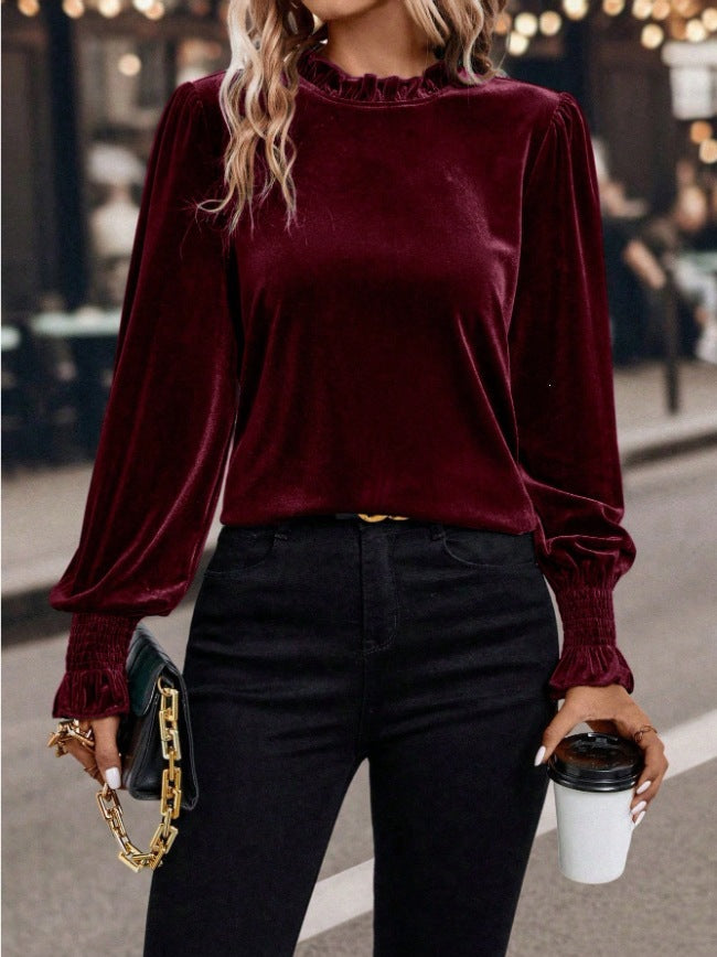 Damen Samtbluse mit Rüschenkragen, Ballonärmeln und Stretch-Smock-Bündchen – Élovi