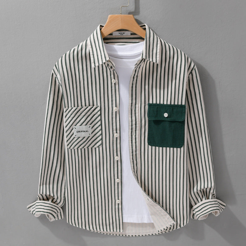 Herren Gestreiftes Overshirt mit Kontrast-Brusttaschen und Kentkragen aus Baumwollmix Echoarchiv