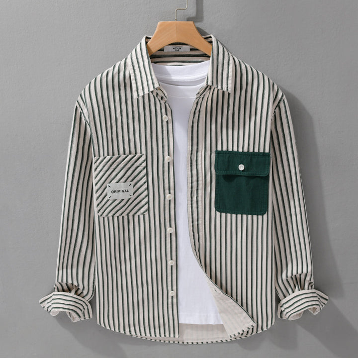 Herren Gestreiftes Overshirt mit Kontrast-Brusttaschen und Kentkragen aus Baumwollmix Echoarchiv