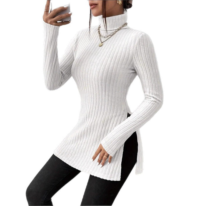 Damen Figurschmeichelnder gerippter Rollkragen-Longpullover mit Seitenschlitzen Echoarchiv