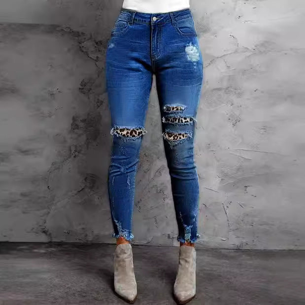 Damen Stretch-Skinny-Jeans mit High-Waist, Knie-Ripped-Details und Leo-Unterlage Echo Archiv